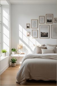 Cozy Minimalist Bedroom With White Walls Soft Beige Bedding