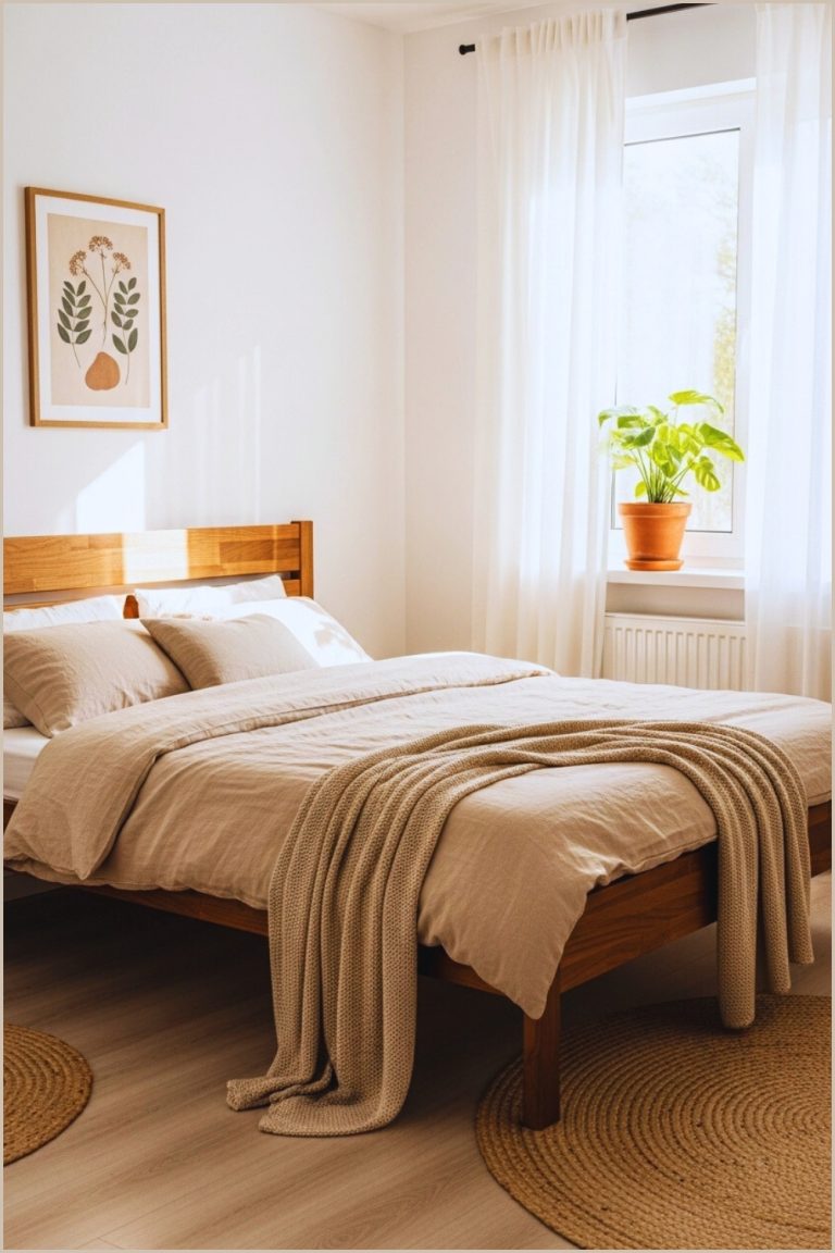 Cozy Minimalist Farmhouse Bedroom With Wooden Bed Framev
