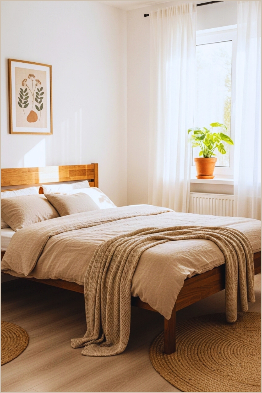 Cozy Minimalist Farmhouse Bedroom With Wooden Bed Framev