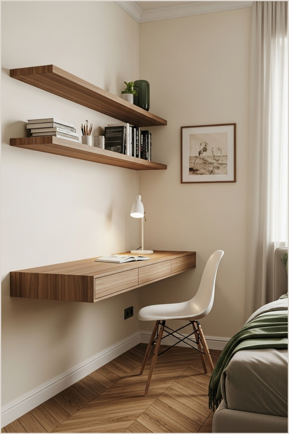 Cozy Modern Bedroom Corner With Cream Walls Wooden Floating Desk And Shelves