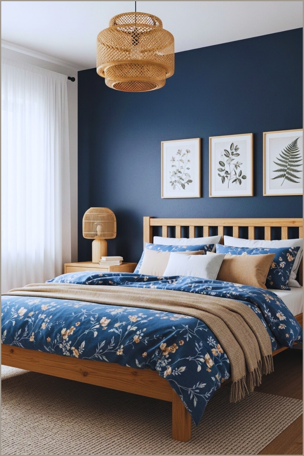 Cozy Modern Bedroom With Navy Blue Walls Wooden Bed Framev