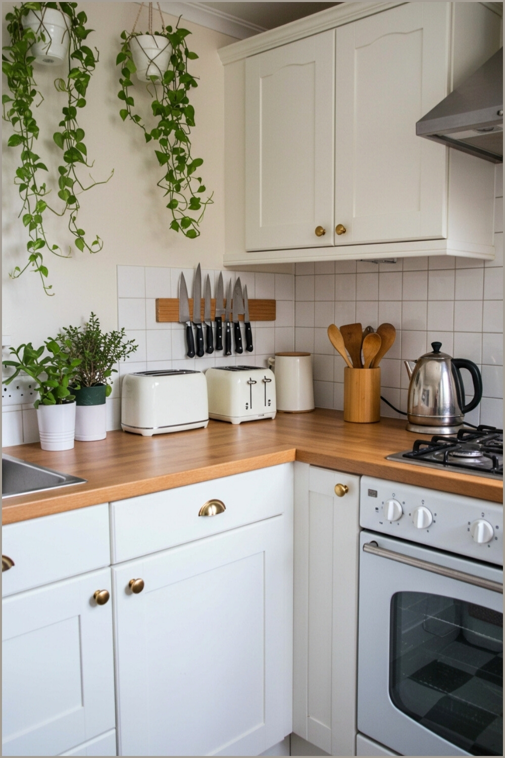Cozy Modern Kitchen Corner White Cabinets And Warm Wood Countertop