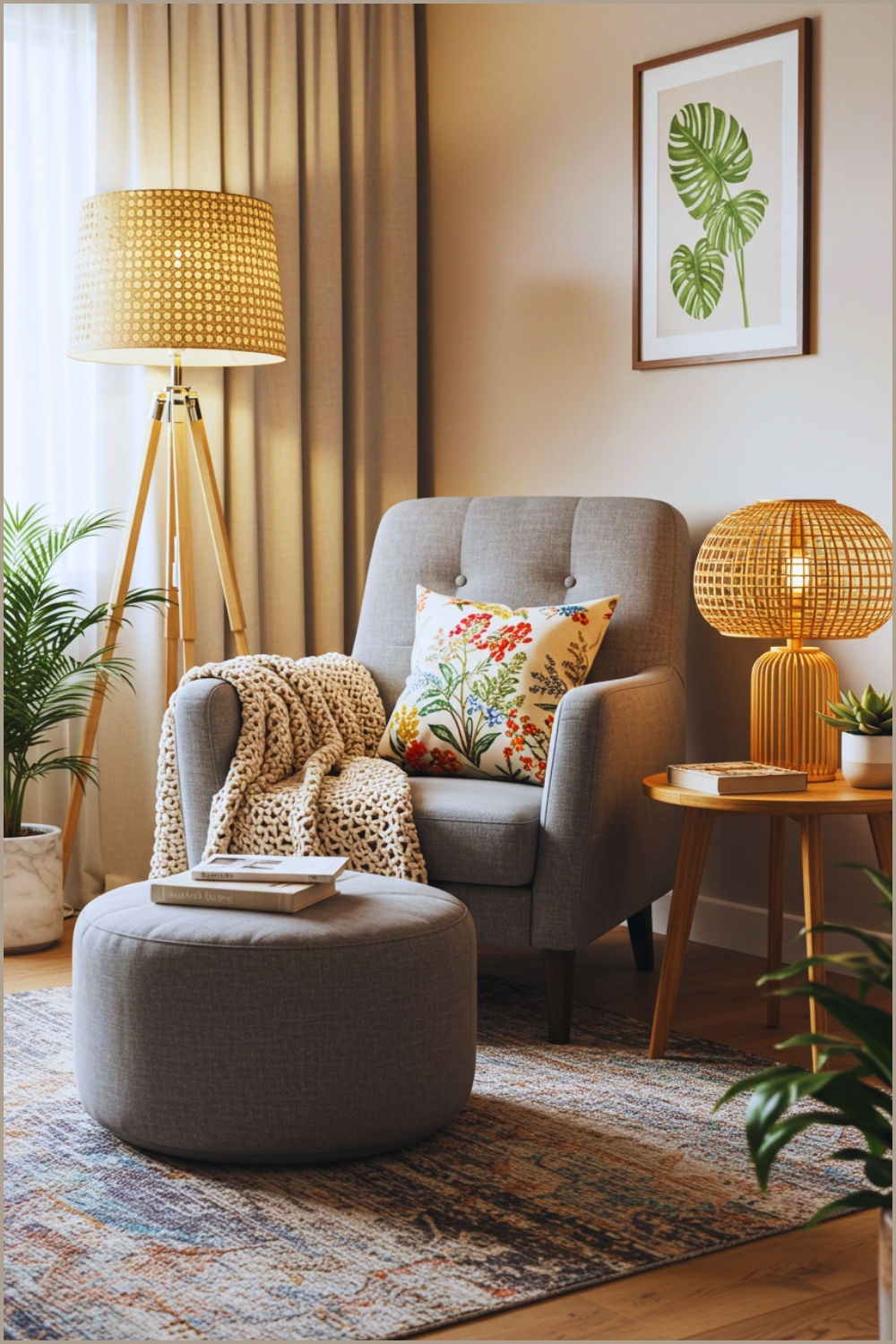 Cozy Modern Reading Nook, Oversized Grey Armchair With Round Ottoman