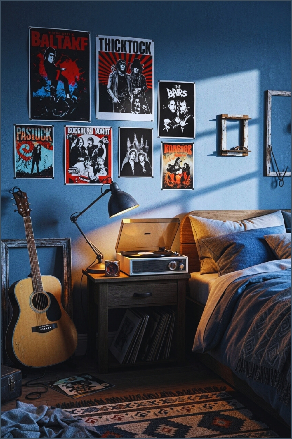 Cozy Moody Bedroom Interior With Blue Gray Walls Rock Band Posters