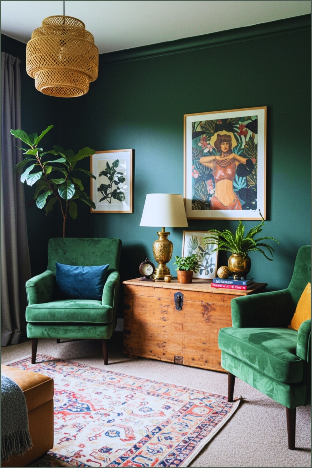 Cozy Moody Living Room Dark Green Accent Wall