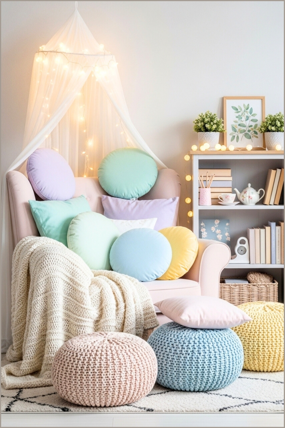 Cozy Reading Nook In Girly Bedroom, Pastel Pillows, Armchair With Soft Knitted Poufs