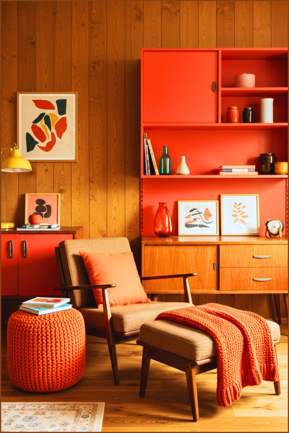Cozy Retro Inspired Living Room Warm Wood Panel