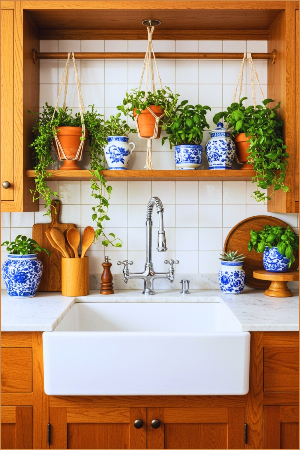 Cozy Rustic Boho Kitchen Sink White Square TileKitchen Corner Beige Walls