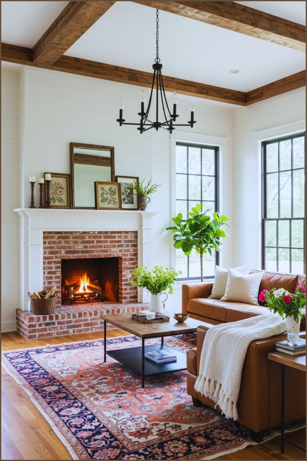 Cozy Rustic Farmhouse Living Room Brick Fireplace