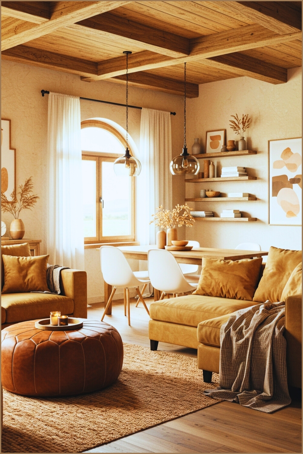 Cozy Rustic Living Room Earthy Tones And Wooden Beams