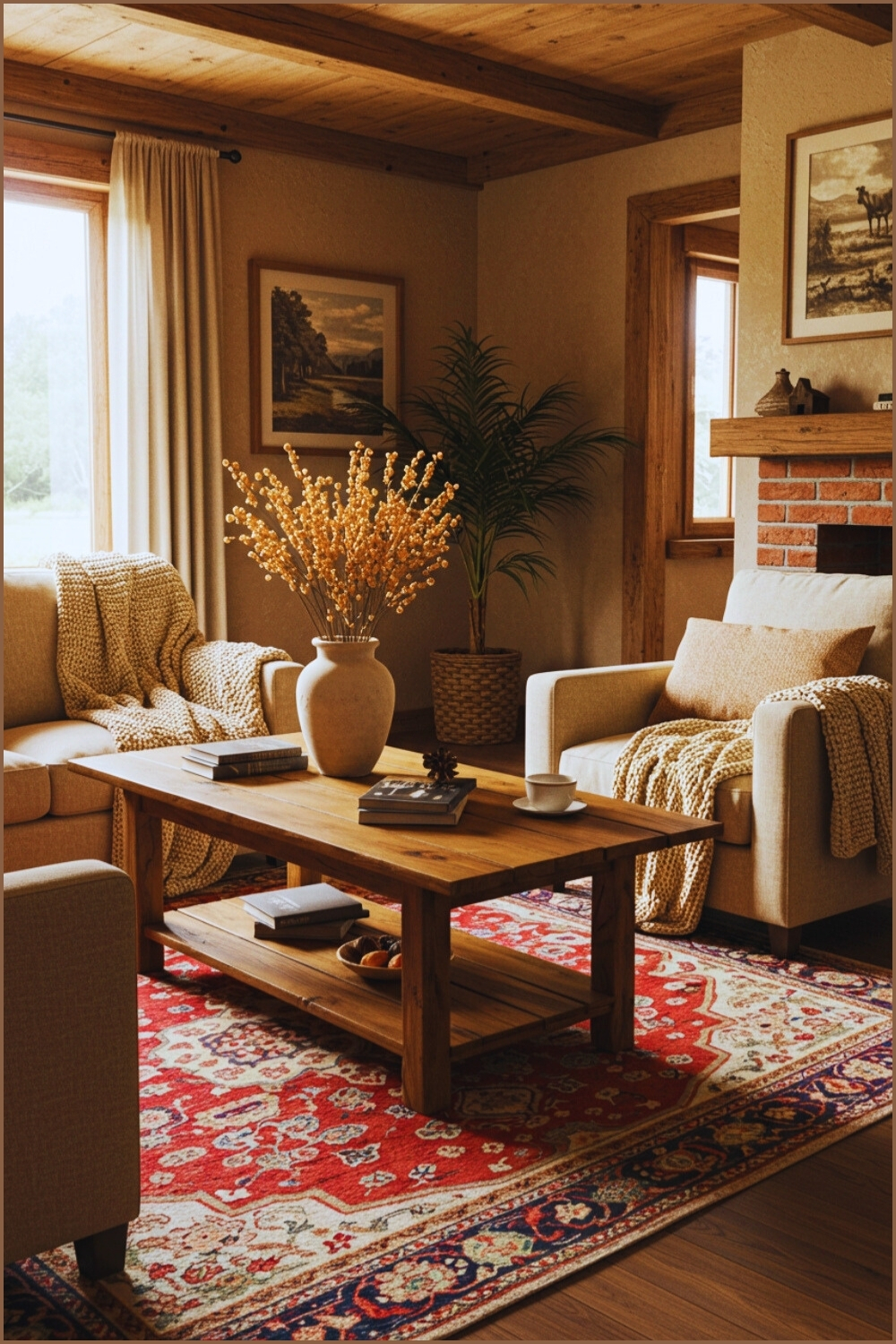 Cozy Rustic Living Room Earthy Tones Wooden Table