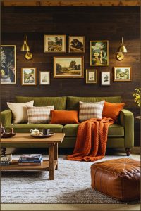 Cozy Rustic Living Room Olive Corduroy Sofa