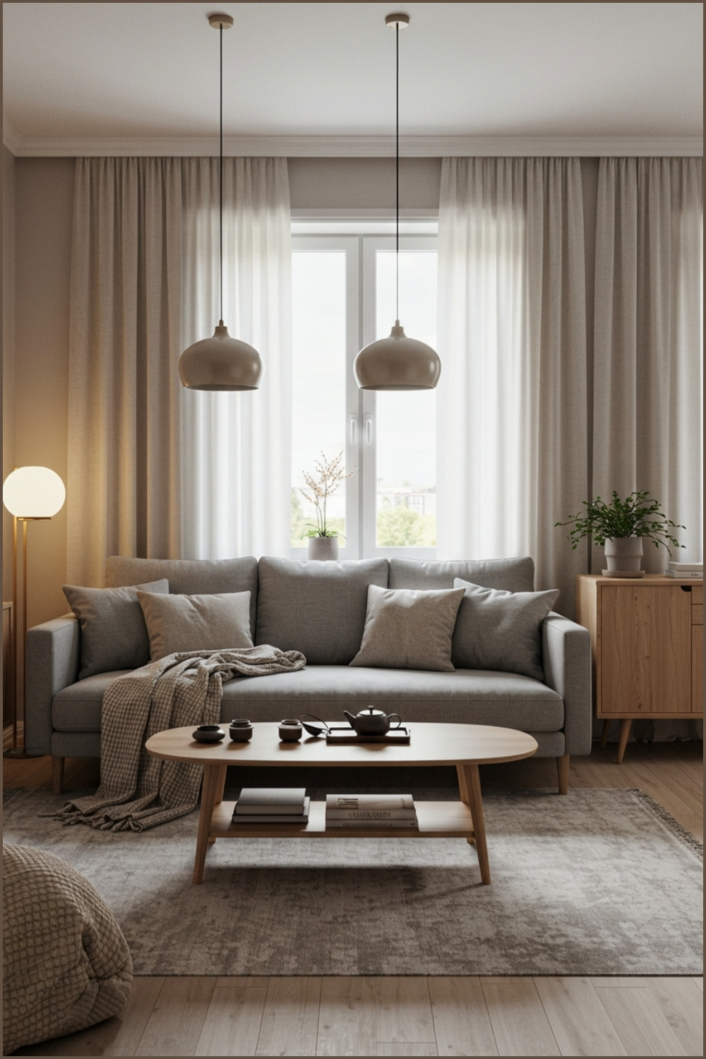 Cozy Serene Living Room Gray Sofa Neutral Pillows