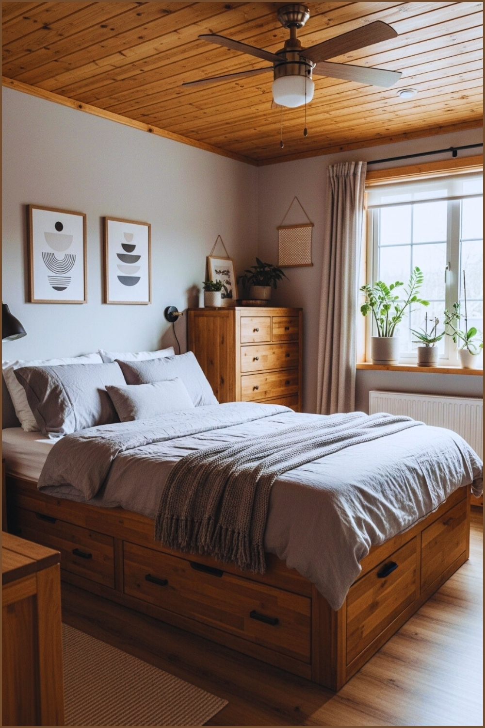Cozy Small Bedroom Interior With Wooden Storage Bed And Built In Drawers