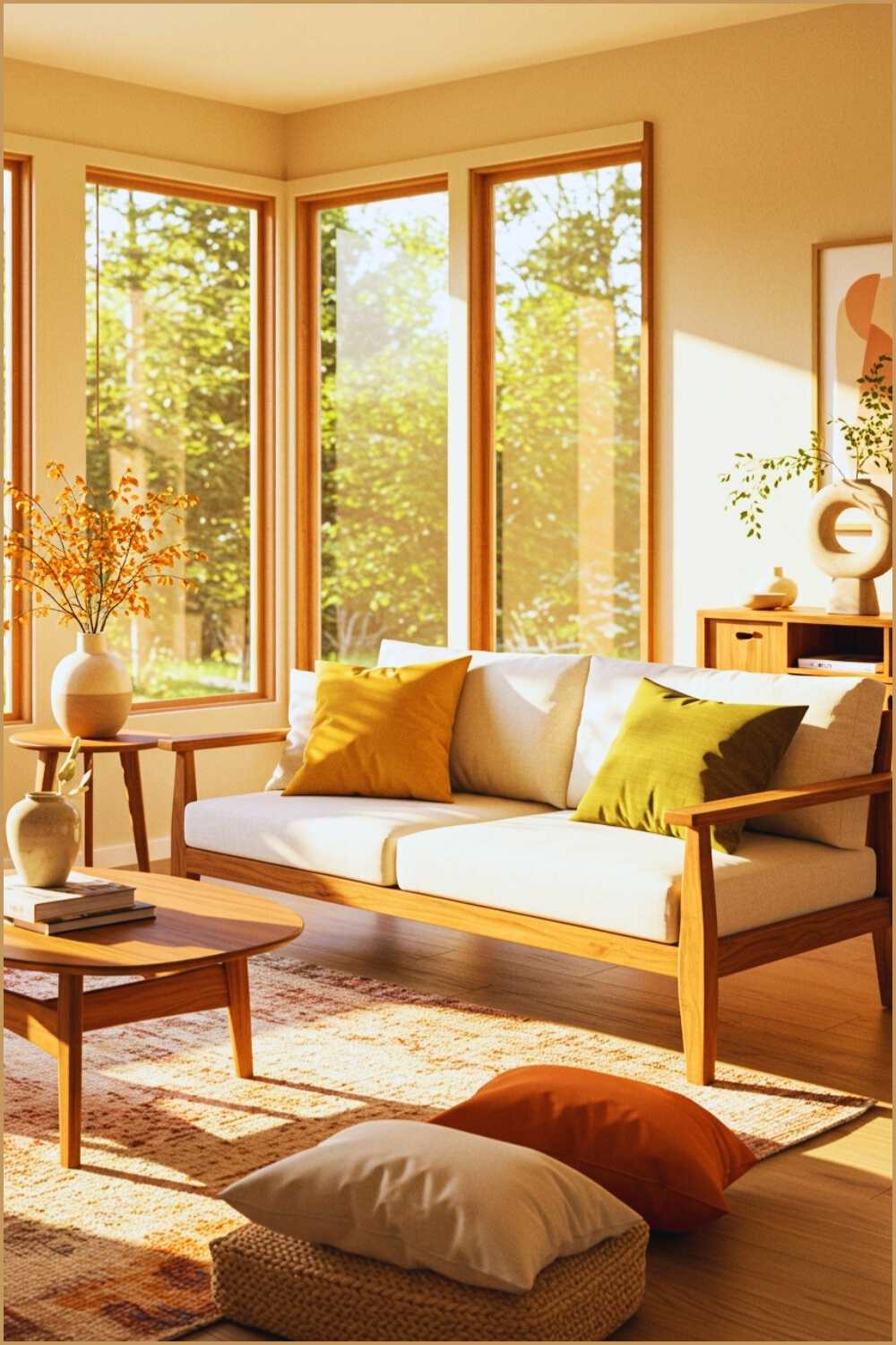 Cozy Sunlit Living Room Windows Golden Light Streaming