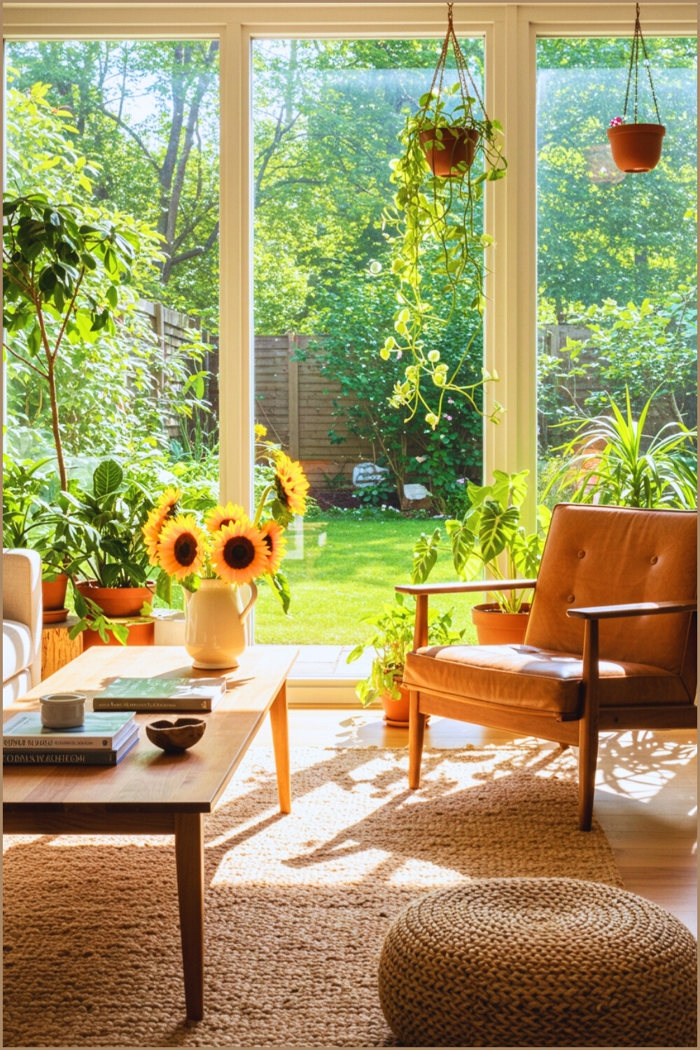 Cozy Sunlit Living Room With Plants Glass Windows