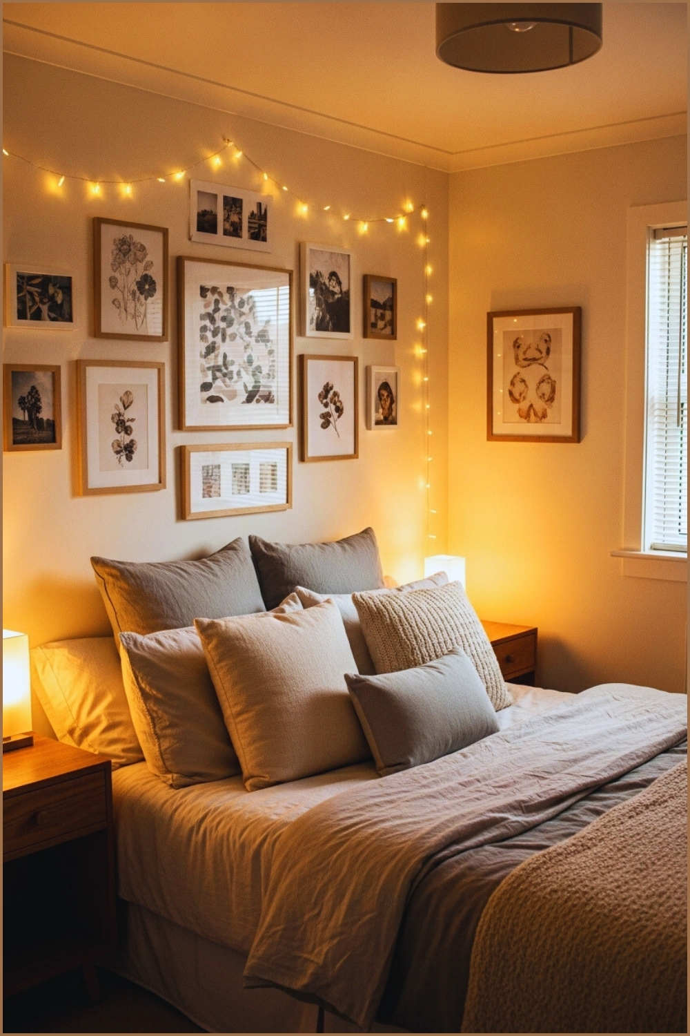 Cozy Warm Bedroom With Gallery Wall Of Framed Art And Photographs