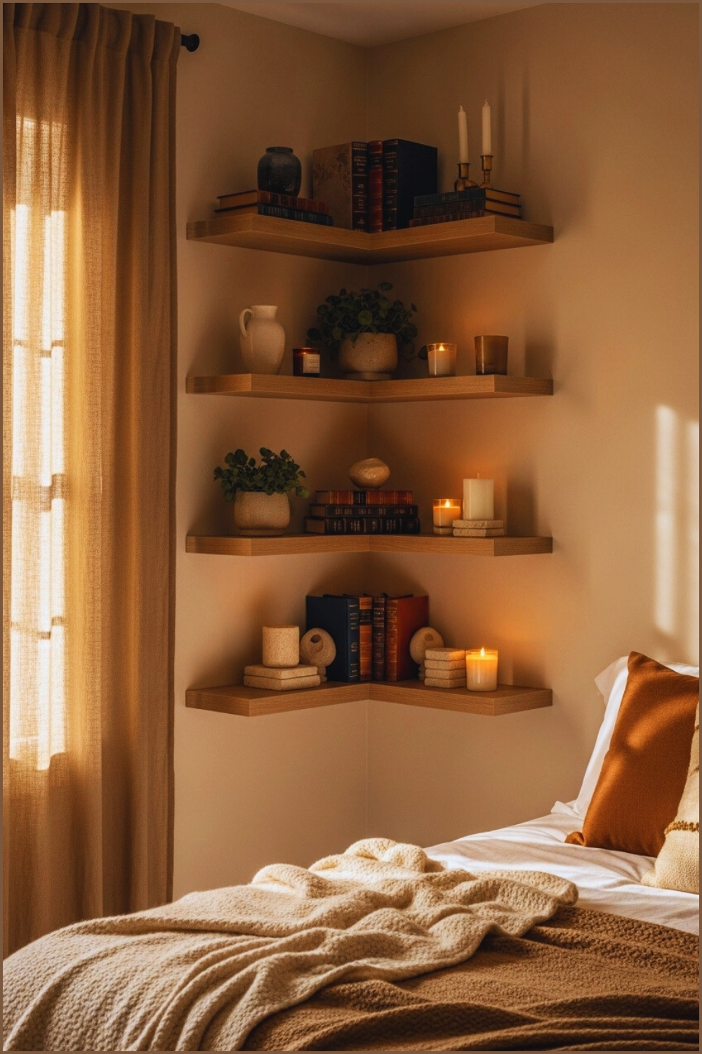 Cozy bedroom corner with floating wooden corner shelves styled with books