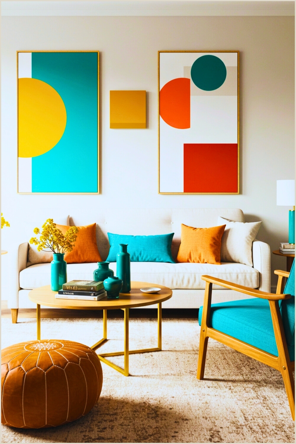 Cream Sofa Colorful Pillows Abstract Wall Art