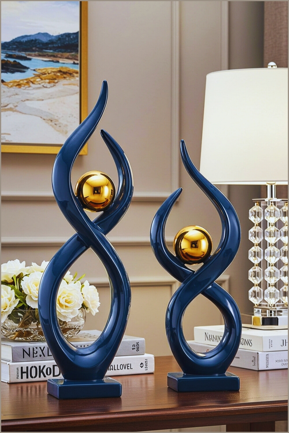 Modern Abstract Sculptures Navy Blue Gold