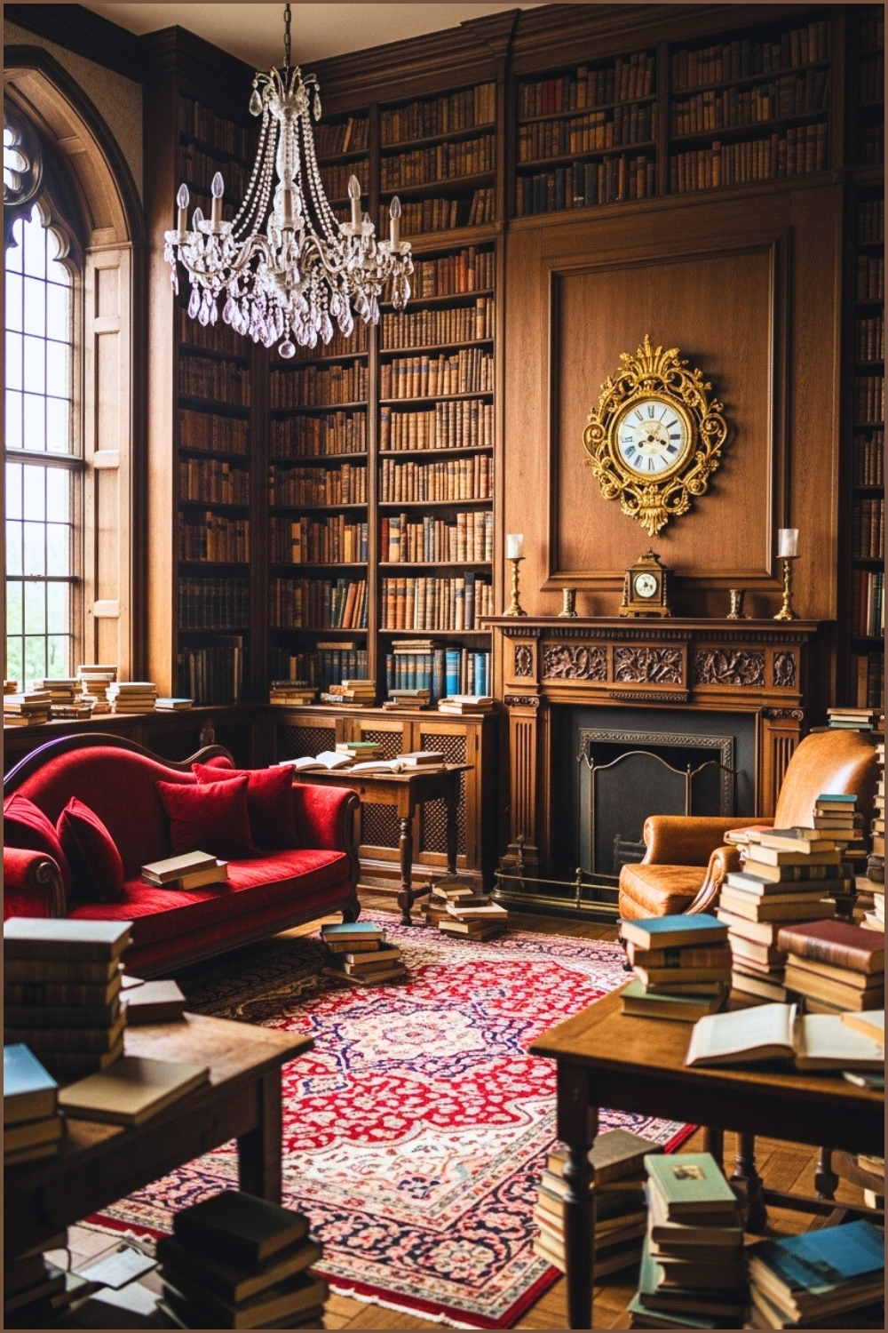 Dark Academia Library With Vintage Decor Tall Bookshelves Filled With Old Books