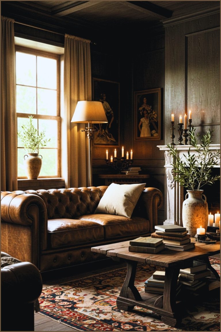 Dark Academia Living Room Tufted Leather Sofa