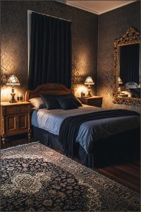 Dark Gothic Bedroom With Black Velvet Canopy Bed Ornate Carved Wood Details