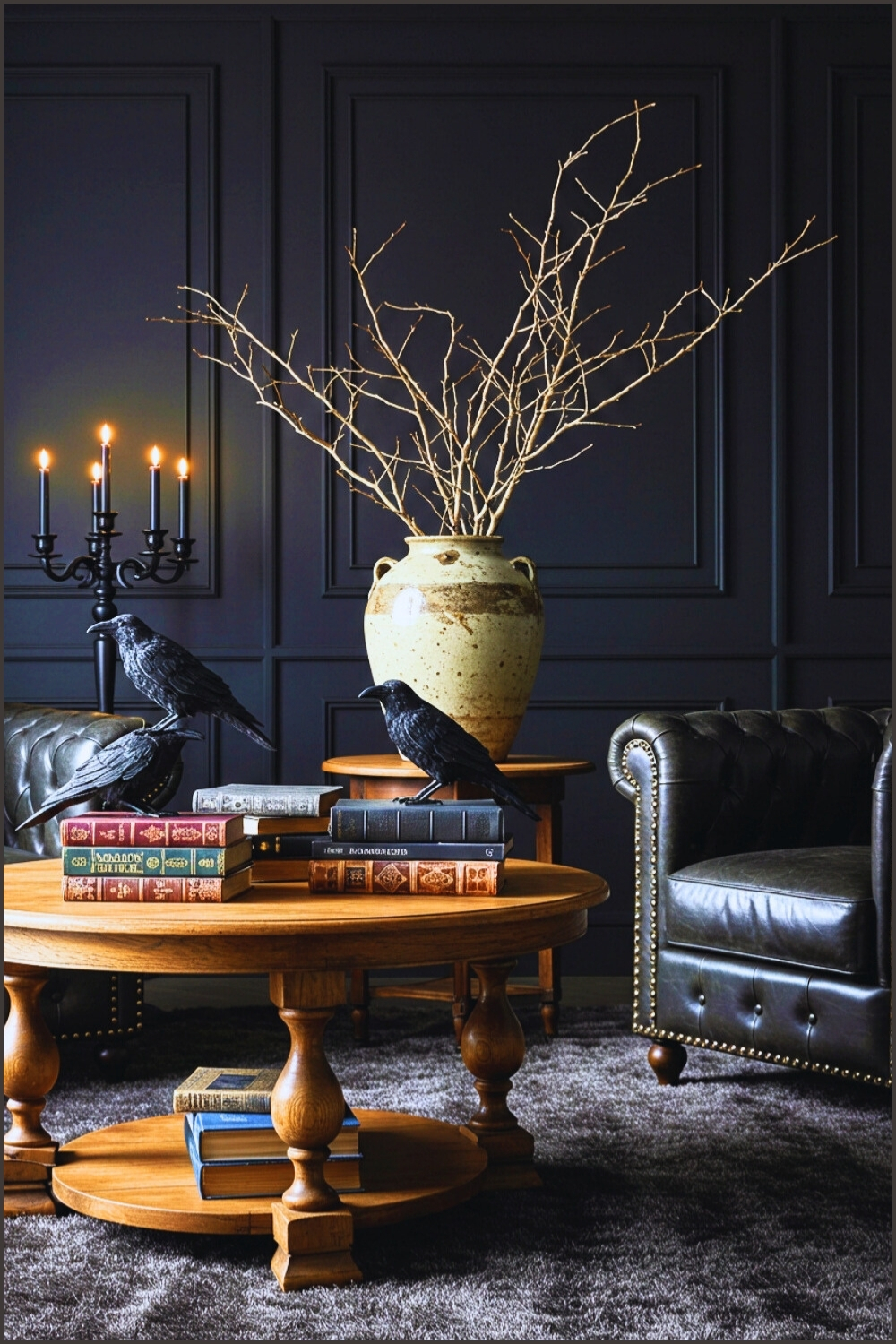 Dark Moody Halloween Living Room Black Paneled Walls
