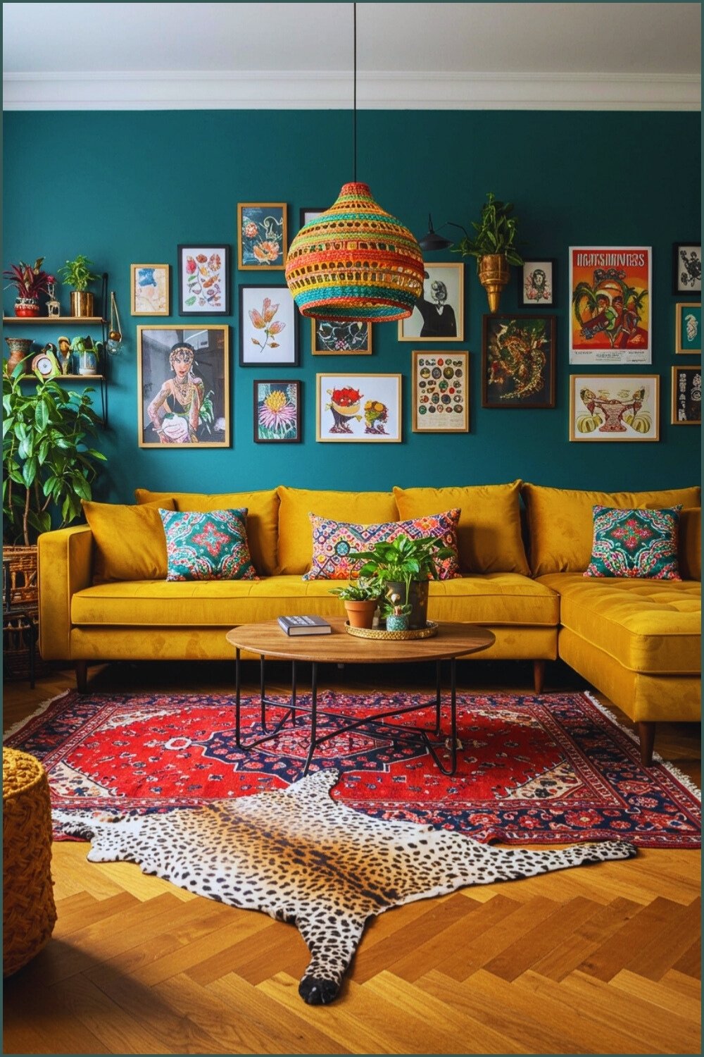 Eclectic Boho Living Room Teal Walls Mustard Sofa