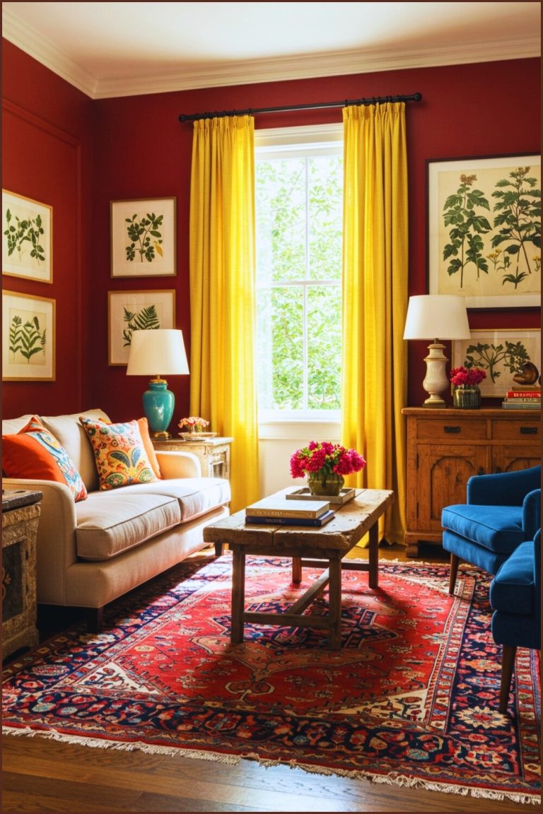 Eclectic Colorful Living Room Red Walls And Yellow Curtains