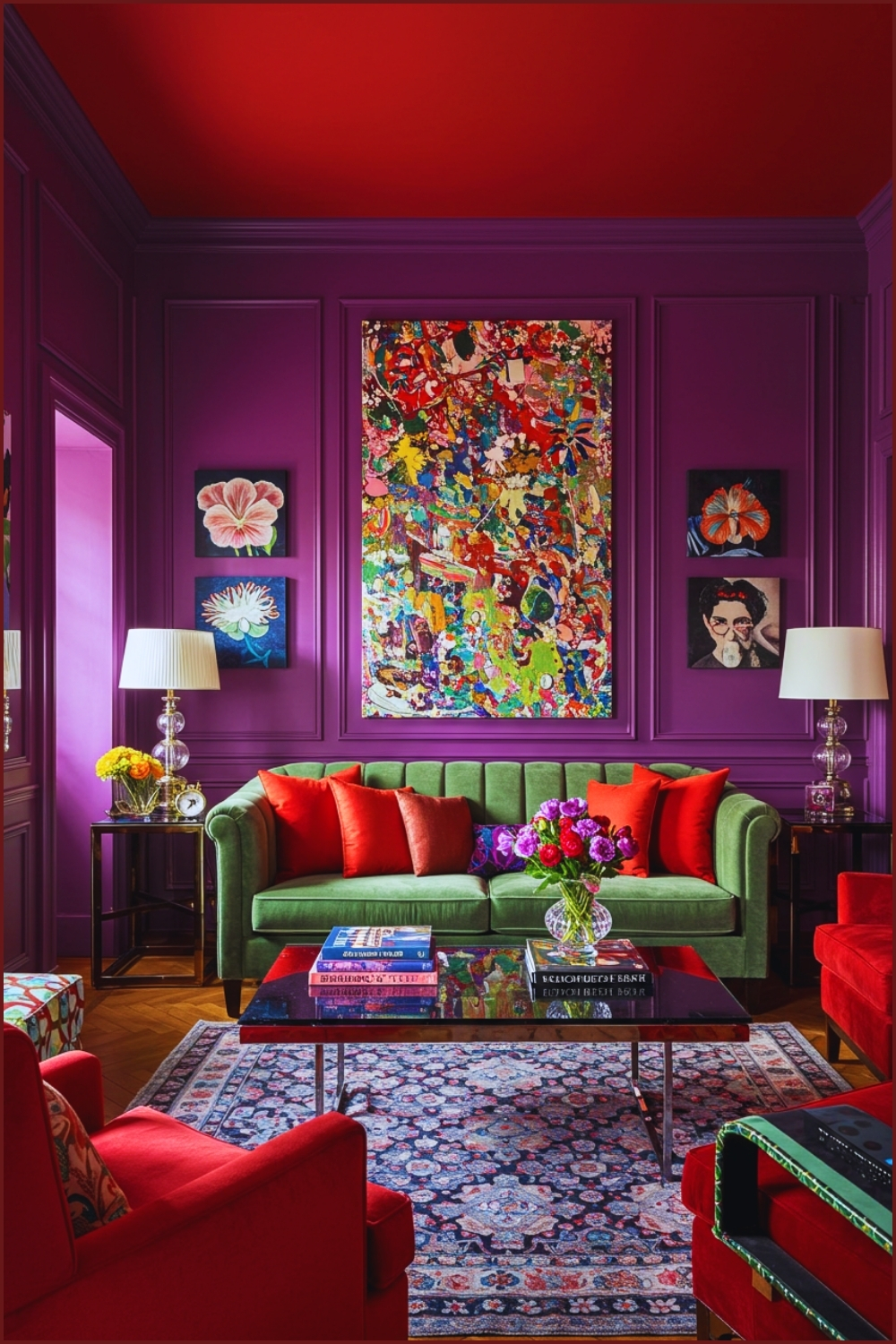 Eclectic Colorful Living Room With Bold Purple Lacquered Walls