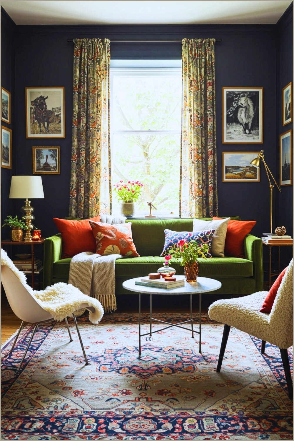 Eclectic Living Room Dark Moody Walls Large Window