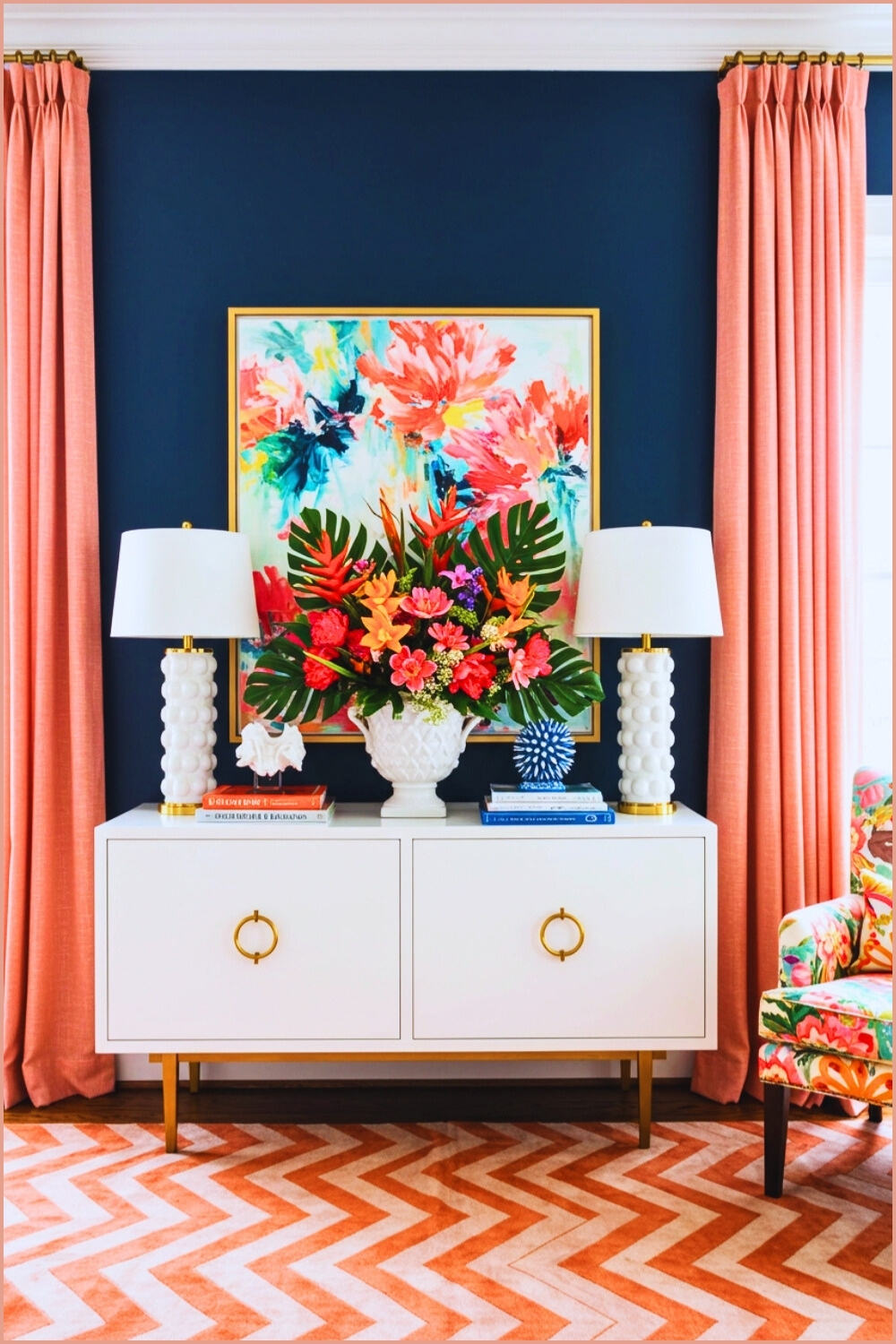 Eclectic Living Room Navy Blue Wall Coral Pink