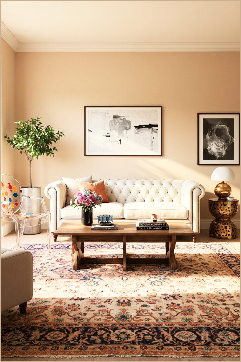 Eclectic Modern Living Room Beige Walls And White Sofa