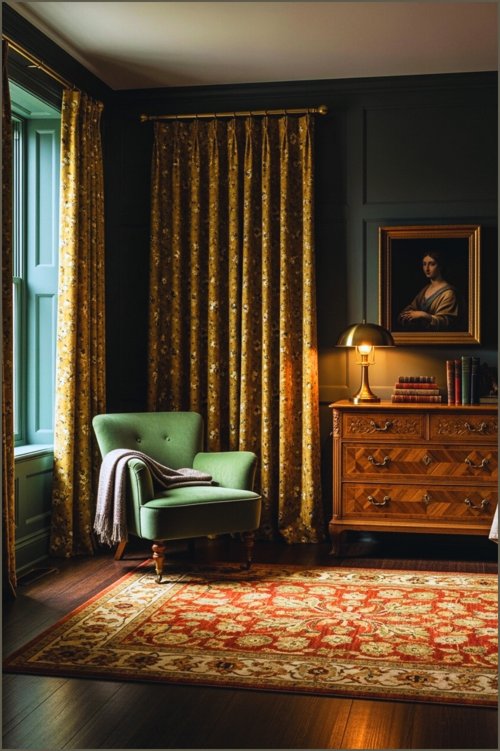 Eclectic Vintage Bedroom With Dark Green Paneled Walls Mustard Yellow