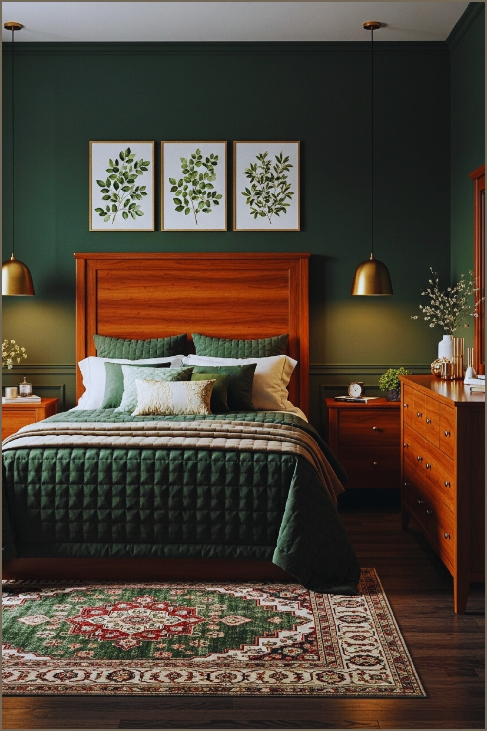 Elegant Bedroom With Dark Green Walls, Cherry Wood Furniture