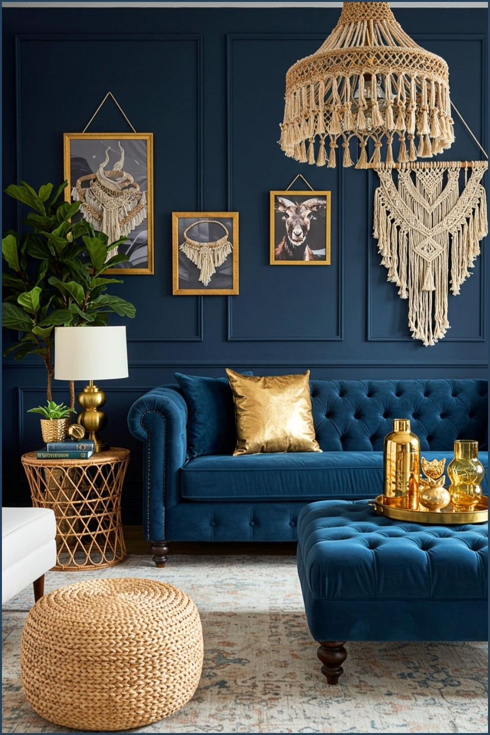 Elegant Boho Glam Living Room Navy Walls