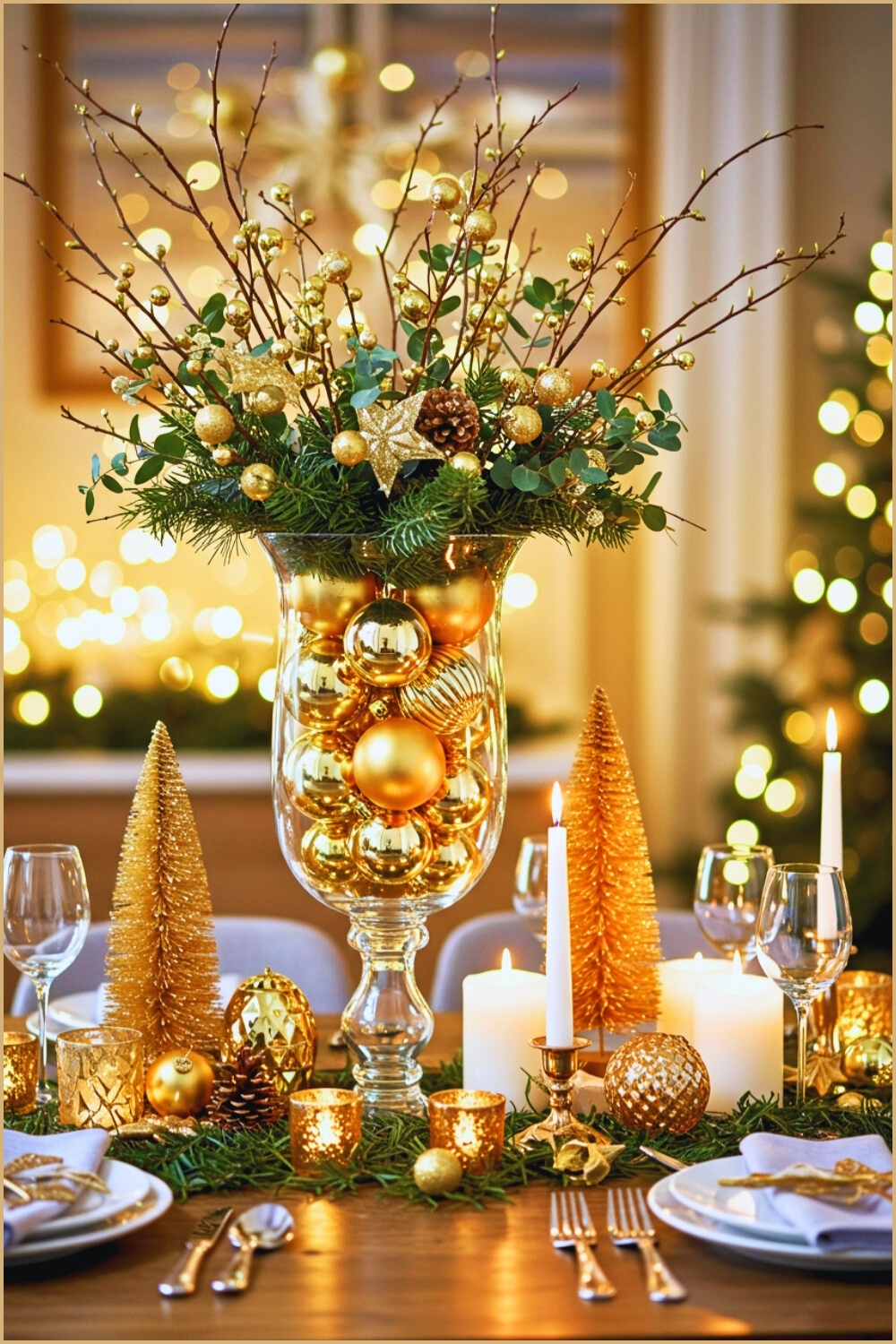 Elegant Christmas Table Centerpiece With Gold Vase