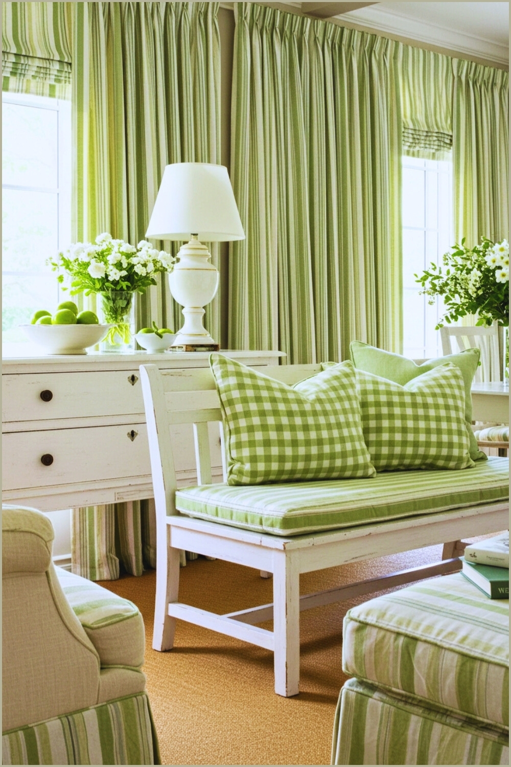 Elegant Cottage Sitting Area Wooden Bench