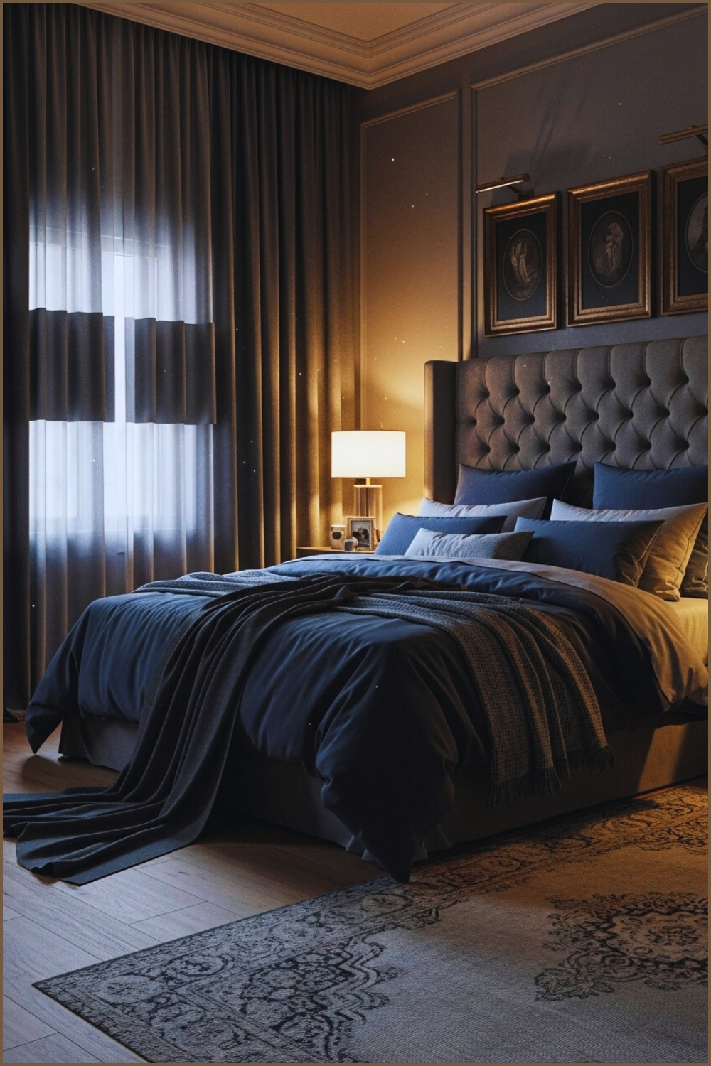 Elegant Dark Bedroom With Layered Gray Curtains Plush Navy And Gray Bedding