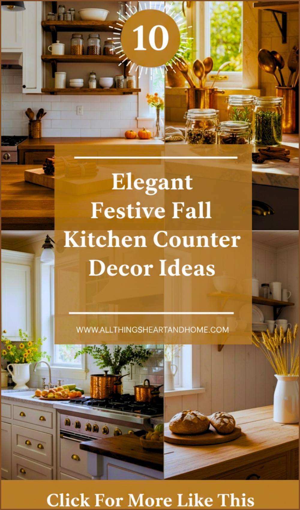 Use my uploaded collage image exactly as it is — do not crop, resize, recolor, or alter it. Treat the collage as the fixed full-background. 🎨 OVERALL DESIGN STYLE: * Follow a clean, curated Pinterest editorial aesthetic inspired by lifestyle blogs and home-design magazines. * Maintain the look of a grid-structured collage with sharp focus, high-definition rendering, and accurate color representation. * All added design elements must feel cohesive, modern, aspirational, and magazine-worthy. 📐 CENTRAL TYPOGRAPHY & TEXT PANEL: * Add a large, bold central text area layered on top of the collage. * Use a solid Light Shiny brown /ochre text panel to clearly separate the text from the background. * The panel should take up 40–45% of the image height and 90–92% of the width. * A slight tilt (5–10 degrees) may be added for a dynamic, Pinterest-style effect. * Typography should be tall, bold, and sans-serif (magazine headline style). 🔢 TOP NUMERIC COUNT: * Add a large number at the top (e.g., “10”) inside a simple Light Shiny brownish sunburst or burst-shape sticker. * Add small white decorative accent lines around it. * Font: Montserrat Extra Bold, Anton, or League Spartan white. * Color: White. * Size: Very large, visually dominant (180–220 pt). 🟨 MAIN HEADLINE (INSIDE TEXT PANEL): * Place a bold, stacked headline in the center: Elegant Festive Fall Kitchen Counter Decor Ideas * Font: Heavy sans-serif (Montserrat white, Bebas Neue, or League Spartan Bold). * Text color: White. * Add small white line accents above and below the headline to enhance the editorial feel. ✏ SUBTITLE (MAGAZINE STYLE): * Center a smaller subtitle under the headline: WWW.ALLTHINGSHEARTANDHOME.COM * Font: Soft script or rounded sans-serif (Signika Bold, Poppins SemiBold, or a clean handwritten style). * Color: white. 📌 BOTTOM TITLE CARD (Light Shiny brown ): * Add a wide bottom card or banner across the lower section of the collage. * Background color: Light Shiny brown * Shape: Slightly rounded rectangle with clean edges. * Insert the CTA text centered inside: Click For More Like This * Typography style: White serif text for an elegant, editorial finish. * Font: Playfair Display Bold or Merriweather Bold. * Size: Large and readable. * Ensure the contrast between Light Shiny brown background and white serif text remains strong and clean. 📏 SPACING, CLARITY & HARMONY: * Maintain clean spacing between the numeric count → headline → subtitle → bottom card. * Ensure no text overlaps important areas of the collage. * Preserve the high-definition look of the background images. * All elements should feel balanced, professional, and consistent with home design magazine covers.