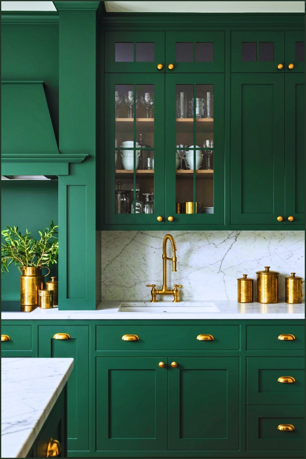 Elegant Green Cabinets Gold Hardware
