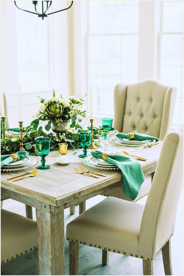 Elegant Green Gold Farmhouse Tablescape By The Window