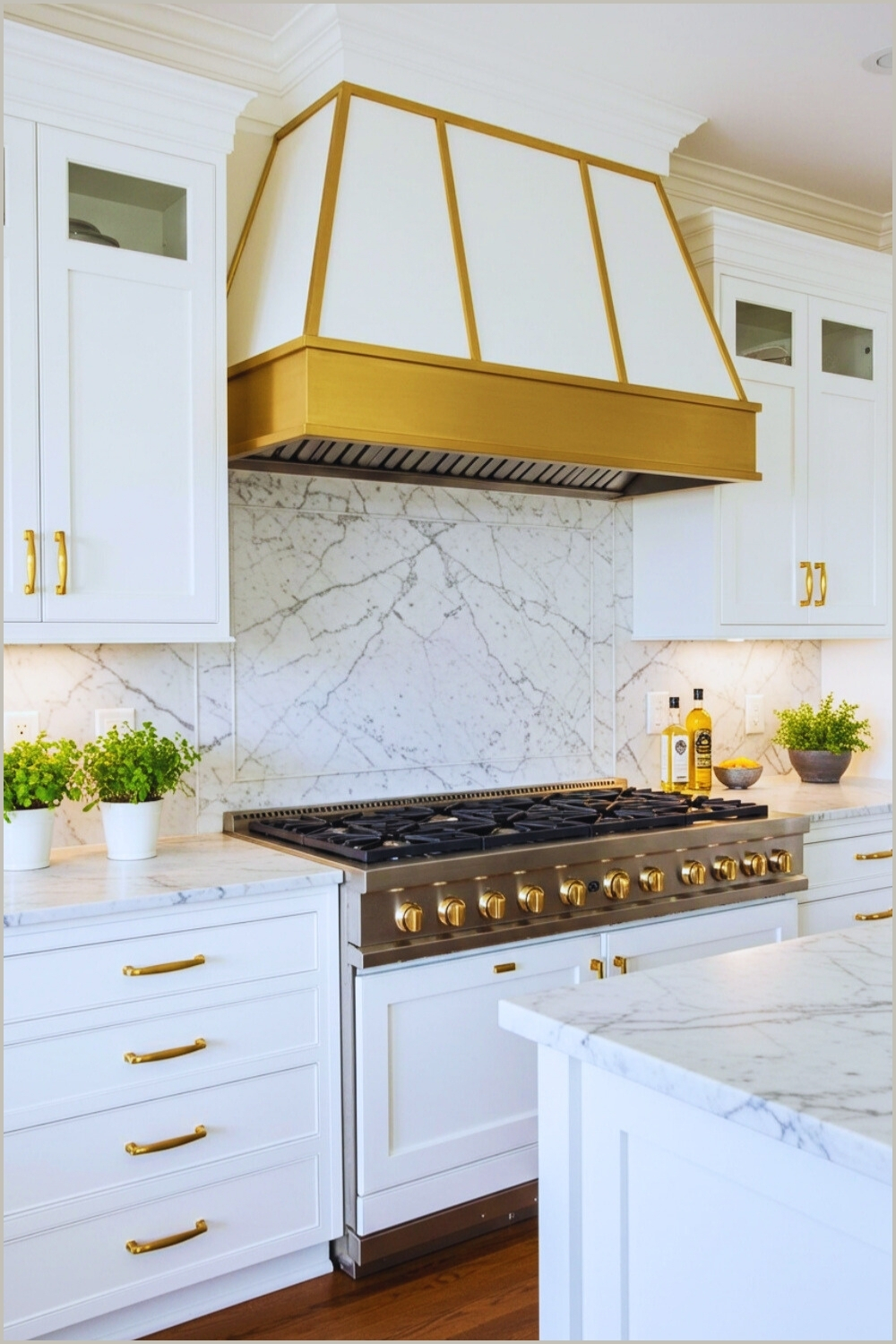 Elegant Kitchen Gold Accented Range Hood And Stove Knobs