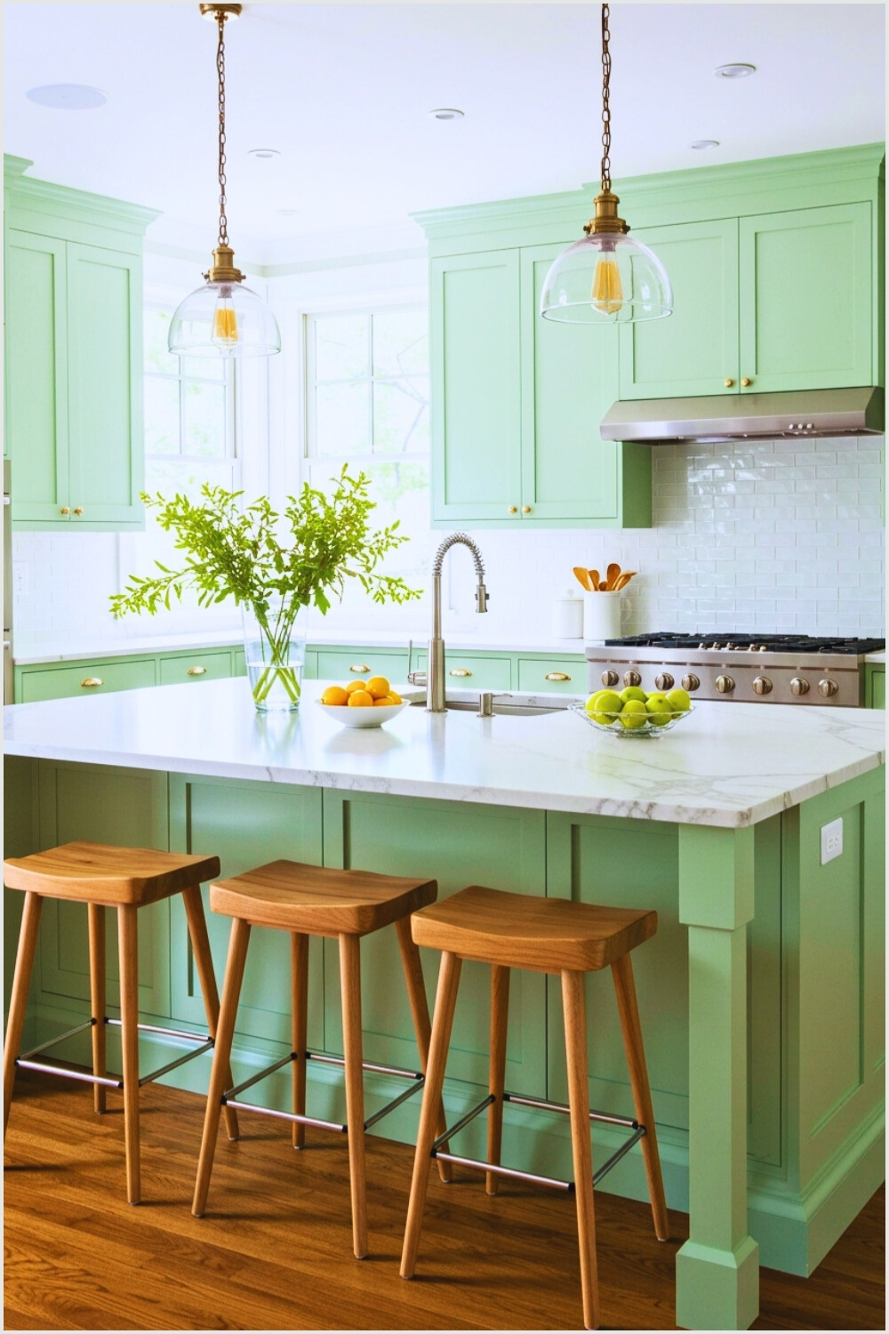 Elegant Kitchen Light Green Accents White Marble Island