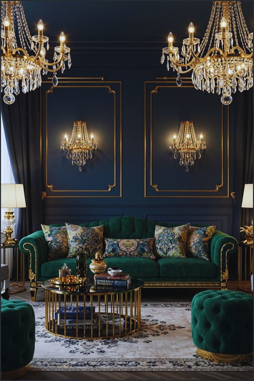 Elegant Living Room Emerald Velvet Sofa Golden Accents