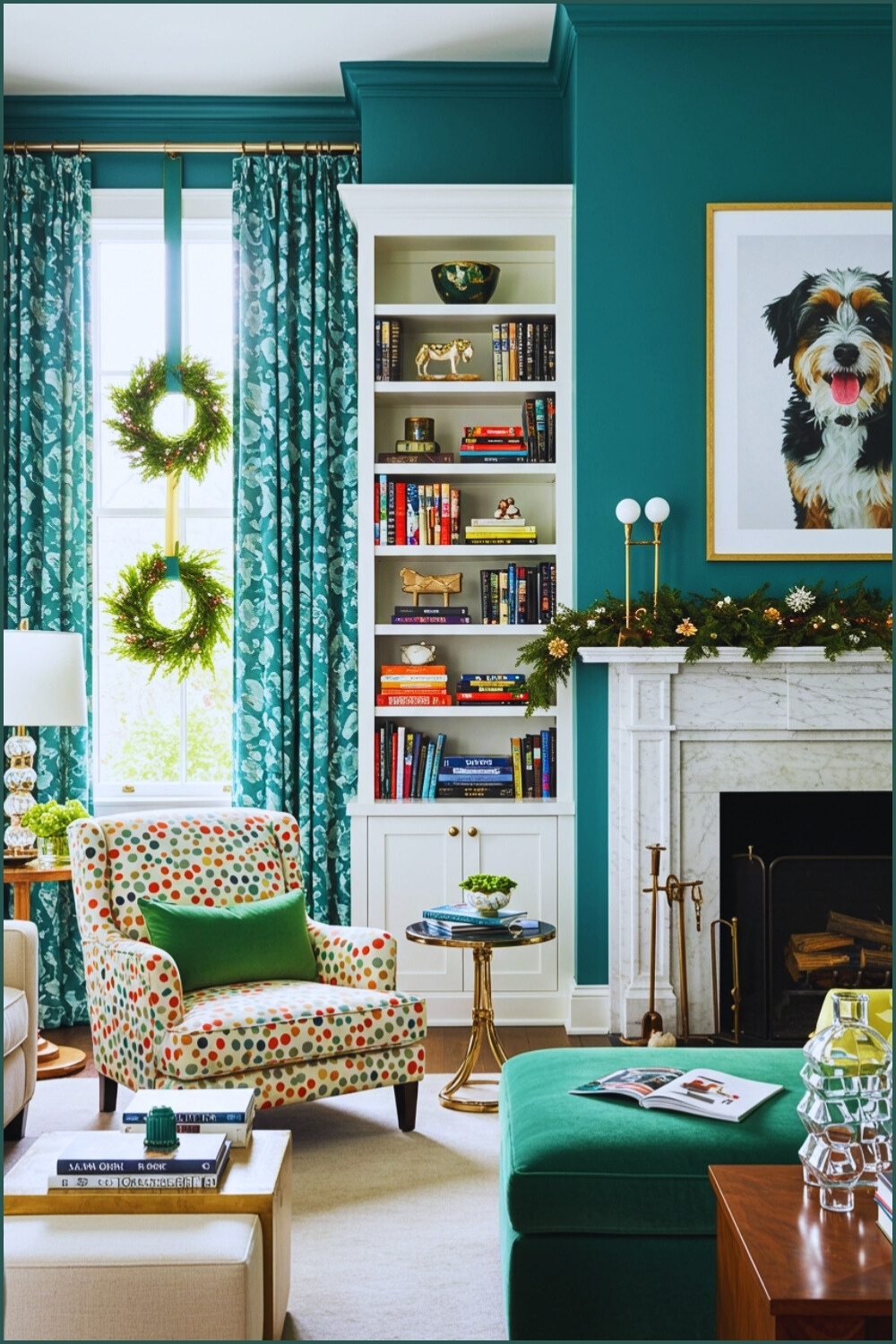 Elegant Living Room Teal Walls White Trim