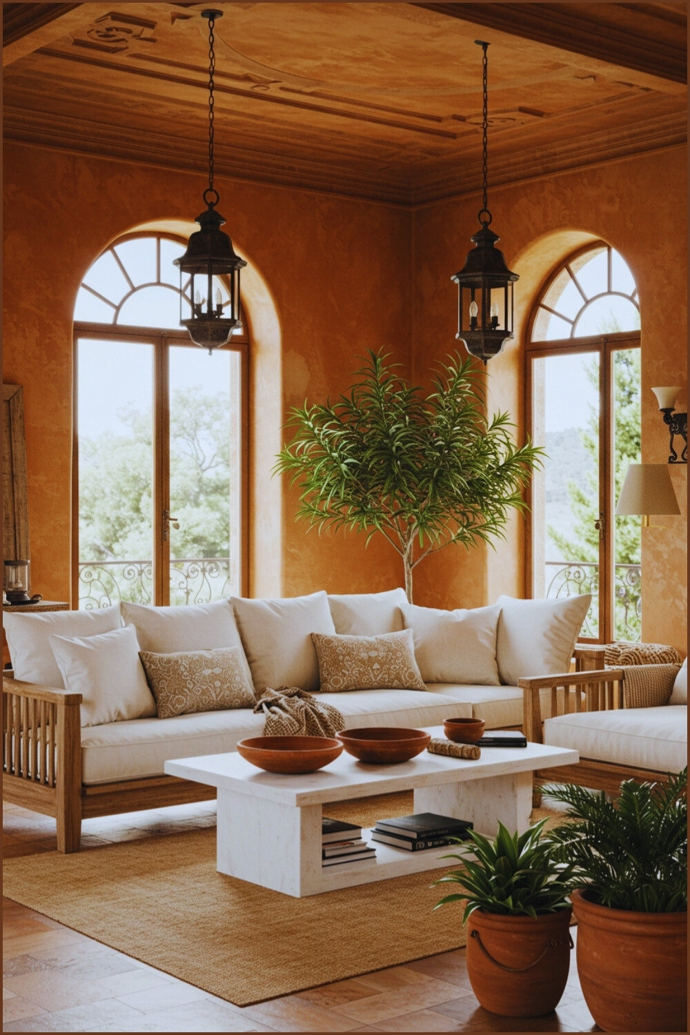 Elegant Mediterranean Living Room Terracotta Walls