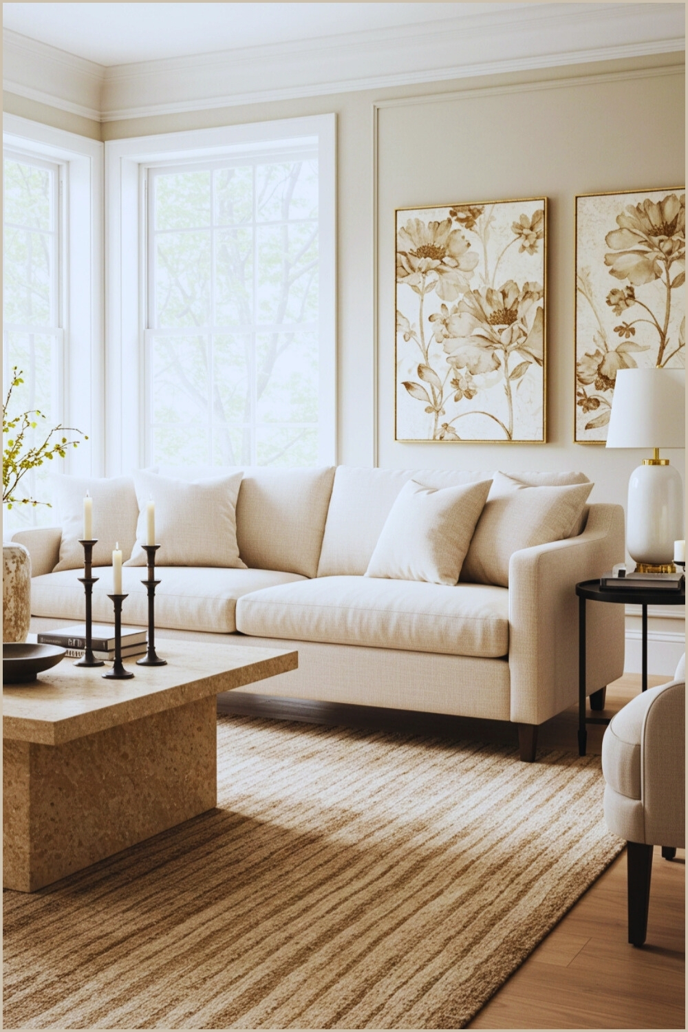 Elegant Modern Living Room Cream Sofa And Throw Pillows