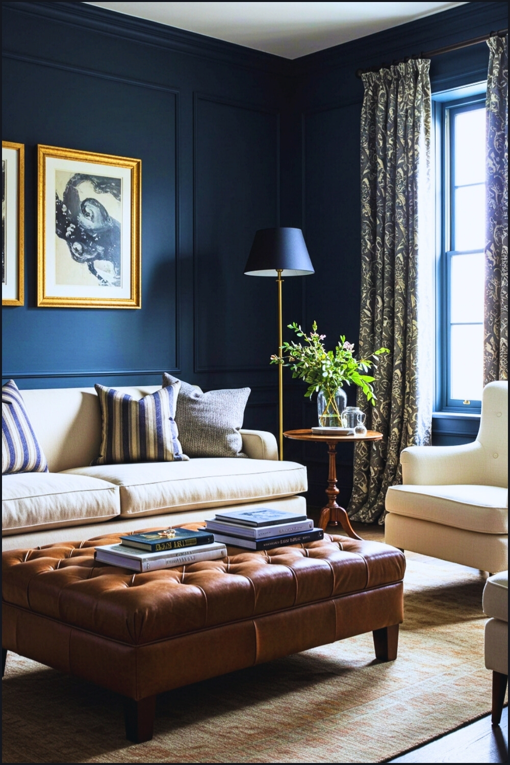 Elegant Moody Living Room Navy Walls And Cream Sofa